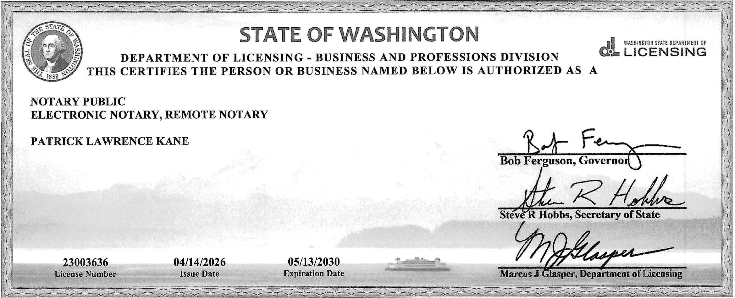 Washington State Department of Licensing — Notary Public, Electronic Notary, Remote Notary certificate for Patrick Lawrence Kane, License #23003636, expires 05/13/2030