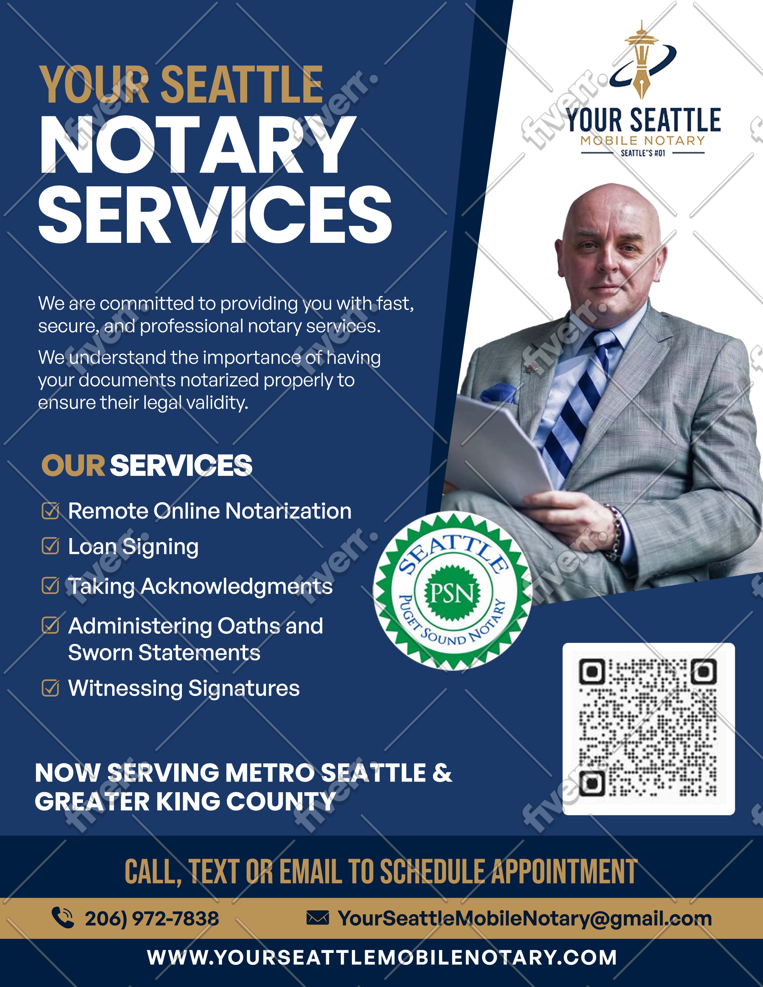 Your Seattle Mobile Notary — services overview flyer showing services, contact information, and service area